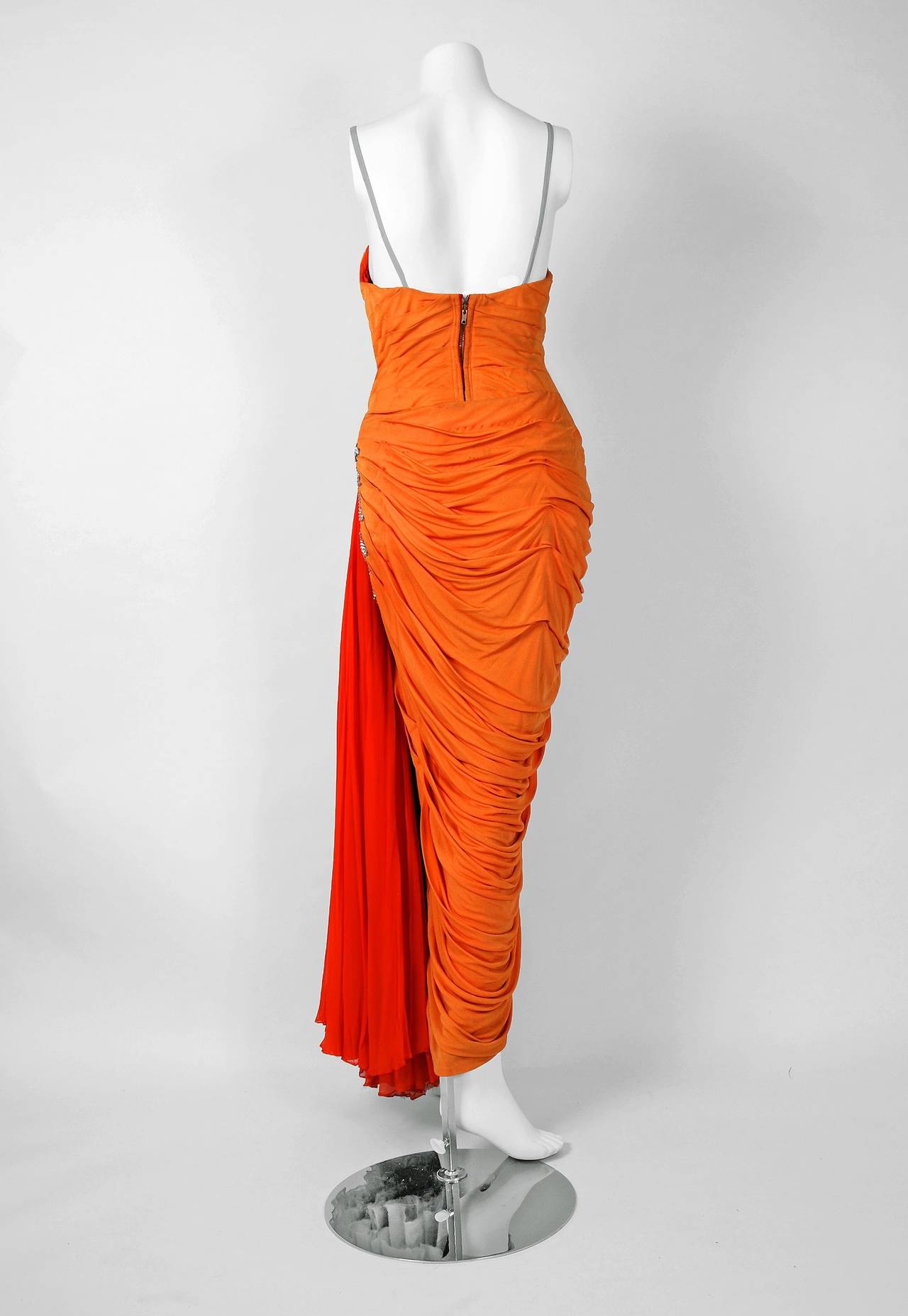 Women's 1950's Historical Yma Sumac Rhinestone Orange Ruched Silk-Jersey Evening Gown