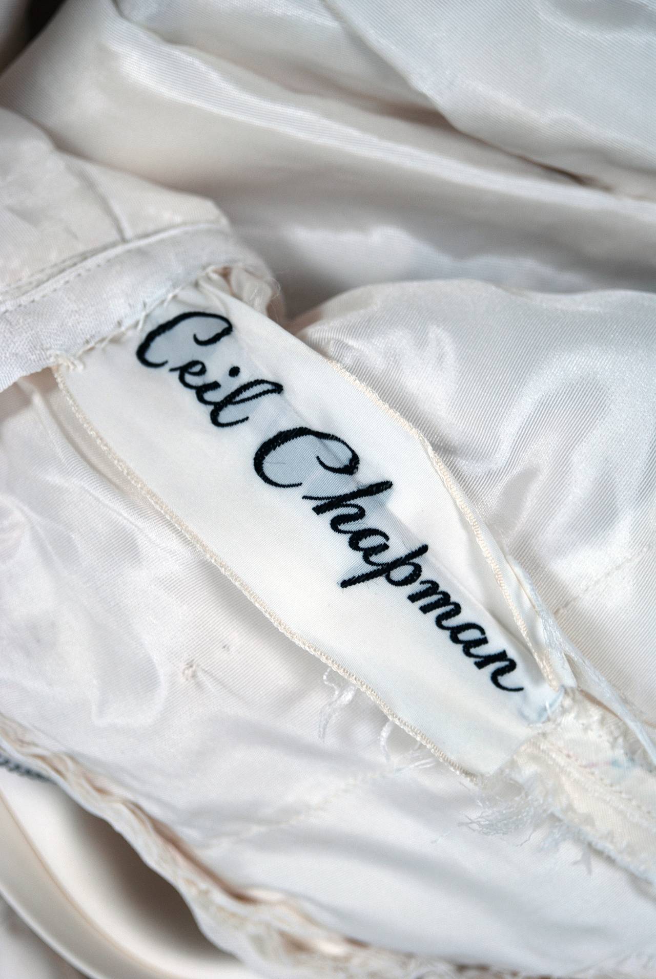 1950's Ceil Chapman White Embroidered Beaded Applique Satin Cocktail Dress 1
