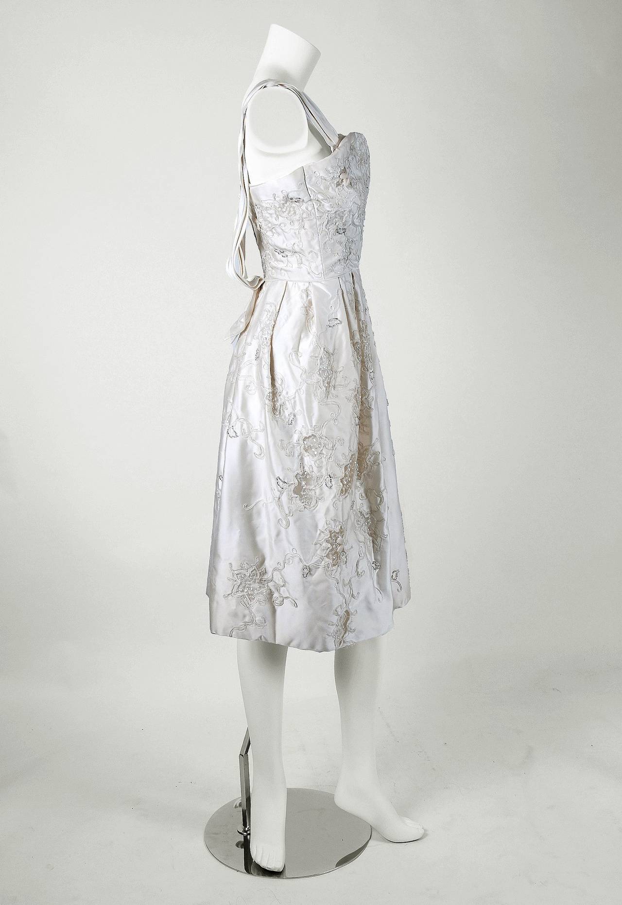 1950's Ceil Chapman White Embroidered Beaded Applique Satin Cocktail Dress In Excellent Condition In Beverly Hills, CA