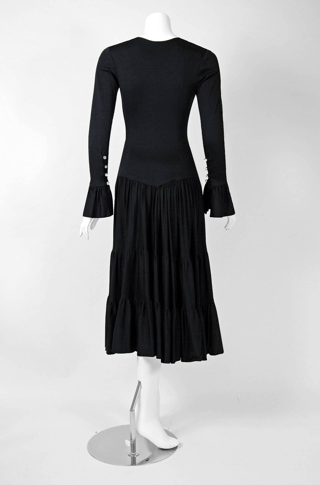 Women's 1970's Giorgio Sant' Angelo Black Jersey Rhinestone Bell-Sleeve Hourglass Dress