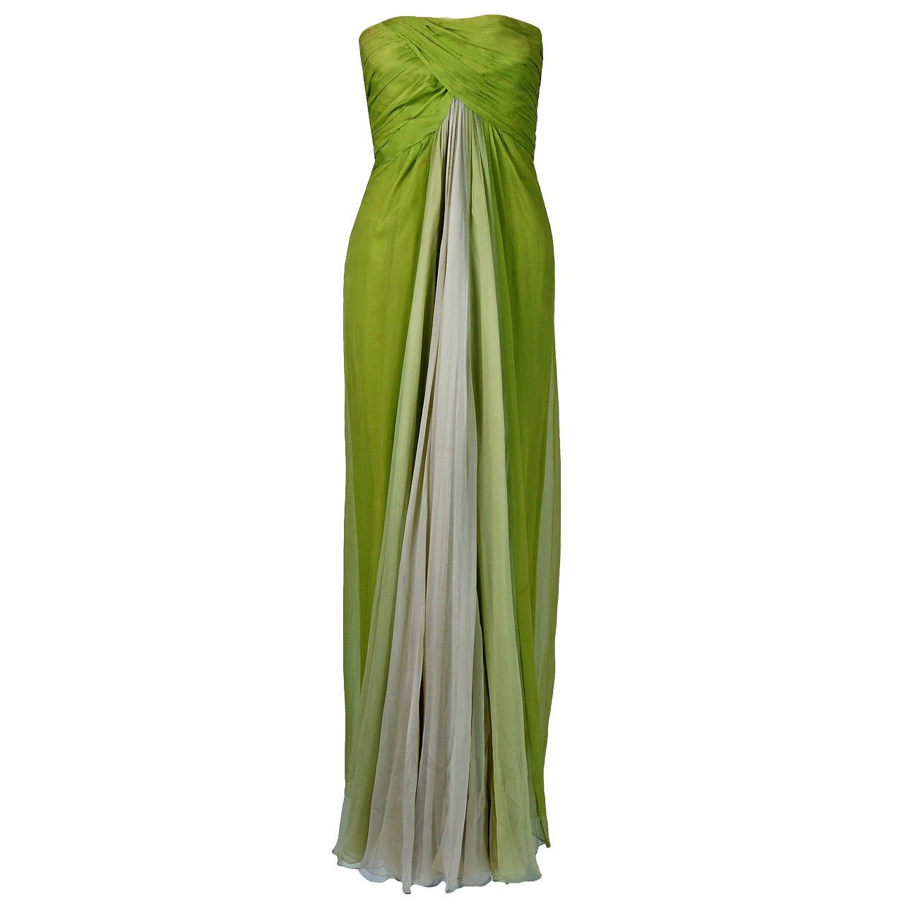 1960's Jean Louis Lime-Green Ombre Silk Chiffon Strapless Grecian Goddess Gown