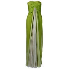 Vintage 1960's Jean Louis Lime-Green Ombre Silk Chiffon Strapless Grecian Goddess Gown