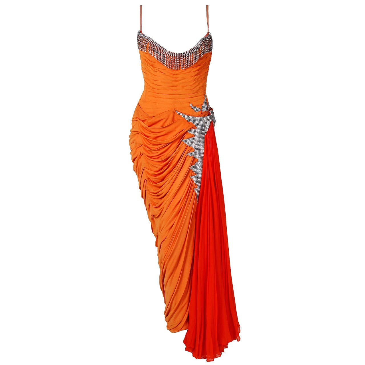 1950's Historical Yma Sumac Rhinestone Orange Ruched Silk-Jersey Evening Gown