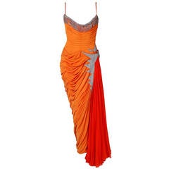 Vintage 1950's Historical Yma Sumac Rhinestone Orange Ruched Silk-Jersey Evening Gown