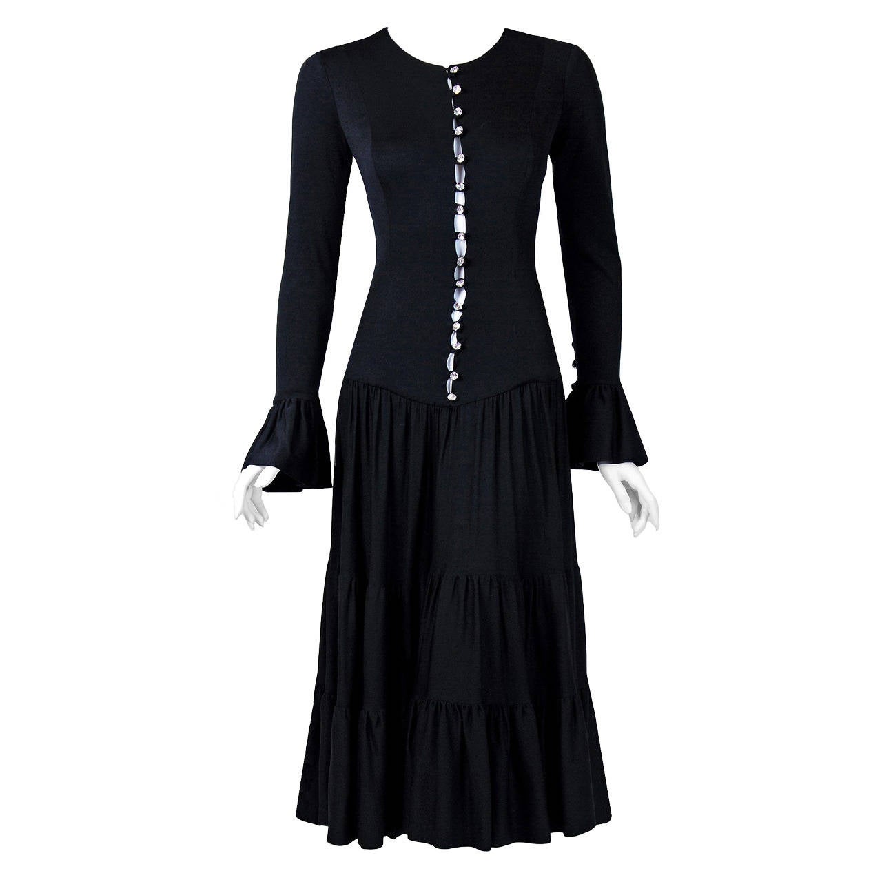 1970's Giorgio Sant' Angelo Black Jersey Rhinestone Bell-Sleeve Hourglass Dress