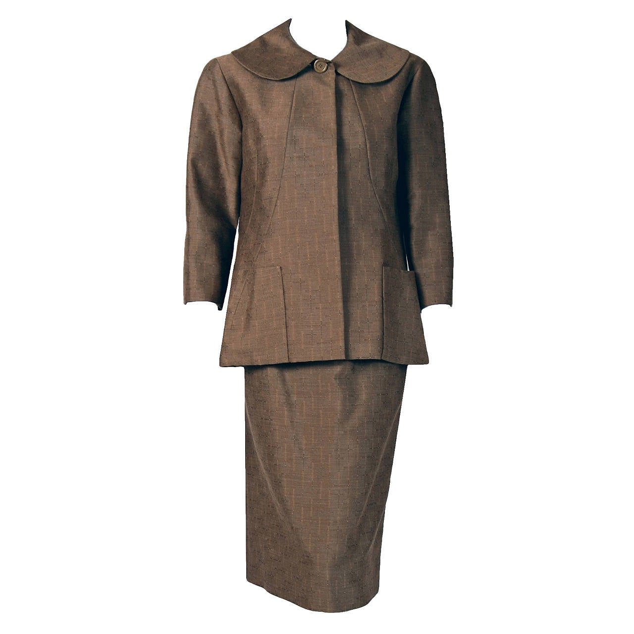 1962 Pierre Cardin Haute-Couture Toffee Silk Wool Peter-Pan Collar Suit