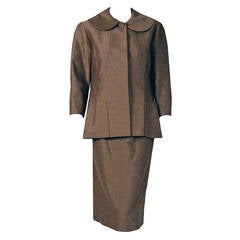 Vintage 1962 Pierre Cardin Haute-Couture Toffee Silk Wool Peter-Pan Collar Suit