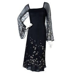 Vintage 1970's Pauline Trigere Black Silk-Chiffon Glitter Illusion Bell-Sleeve Dress