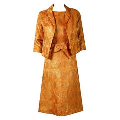 1960's Christian Dior Metallic-Gold Brocade Sleeveless Dress & Jacket Ensemble