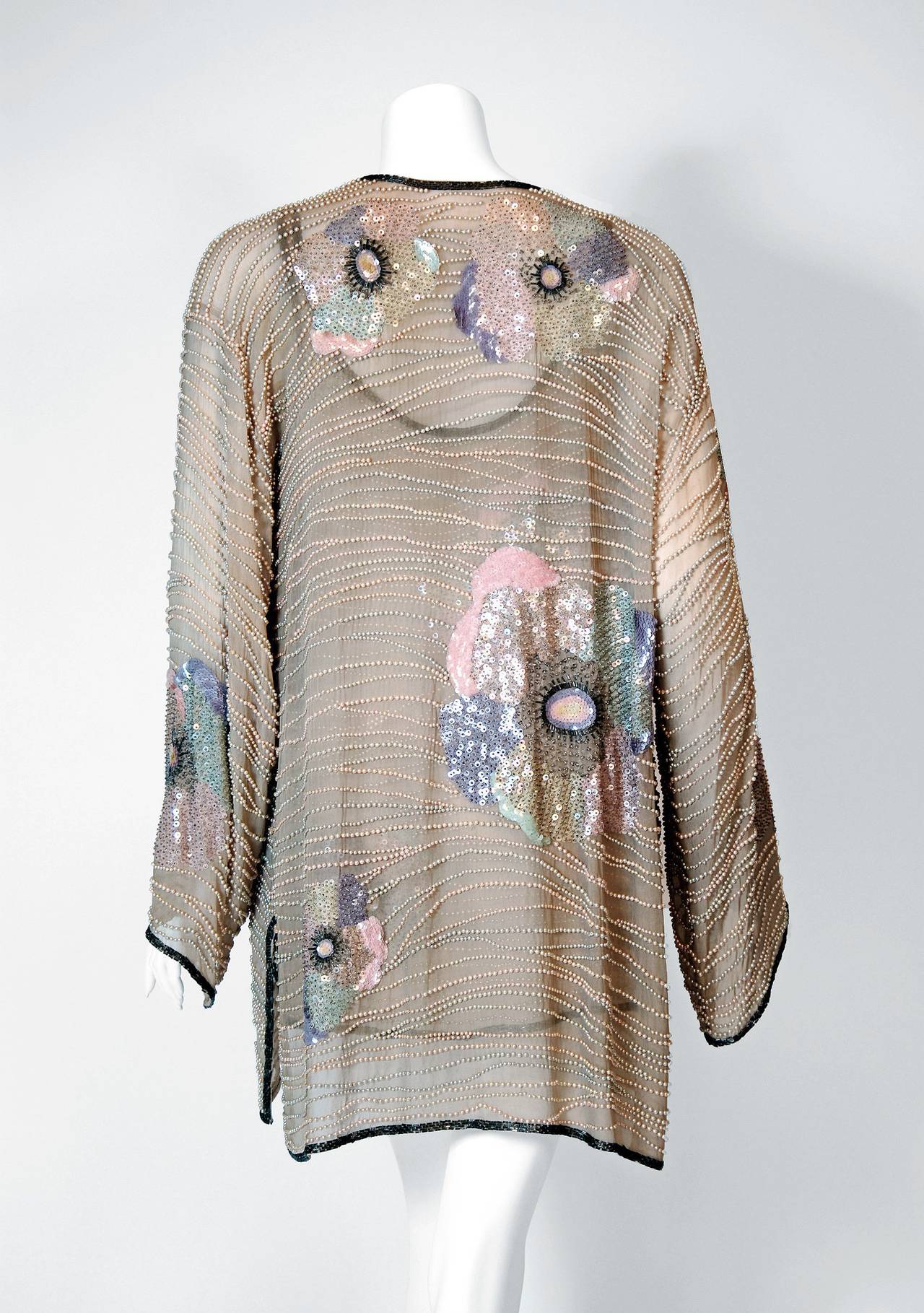 Gray Vintage 1977 Halston Couture Beaded Pastel Floral Silk Blouse and Kimono Jacket