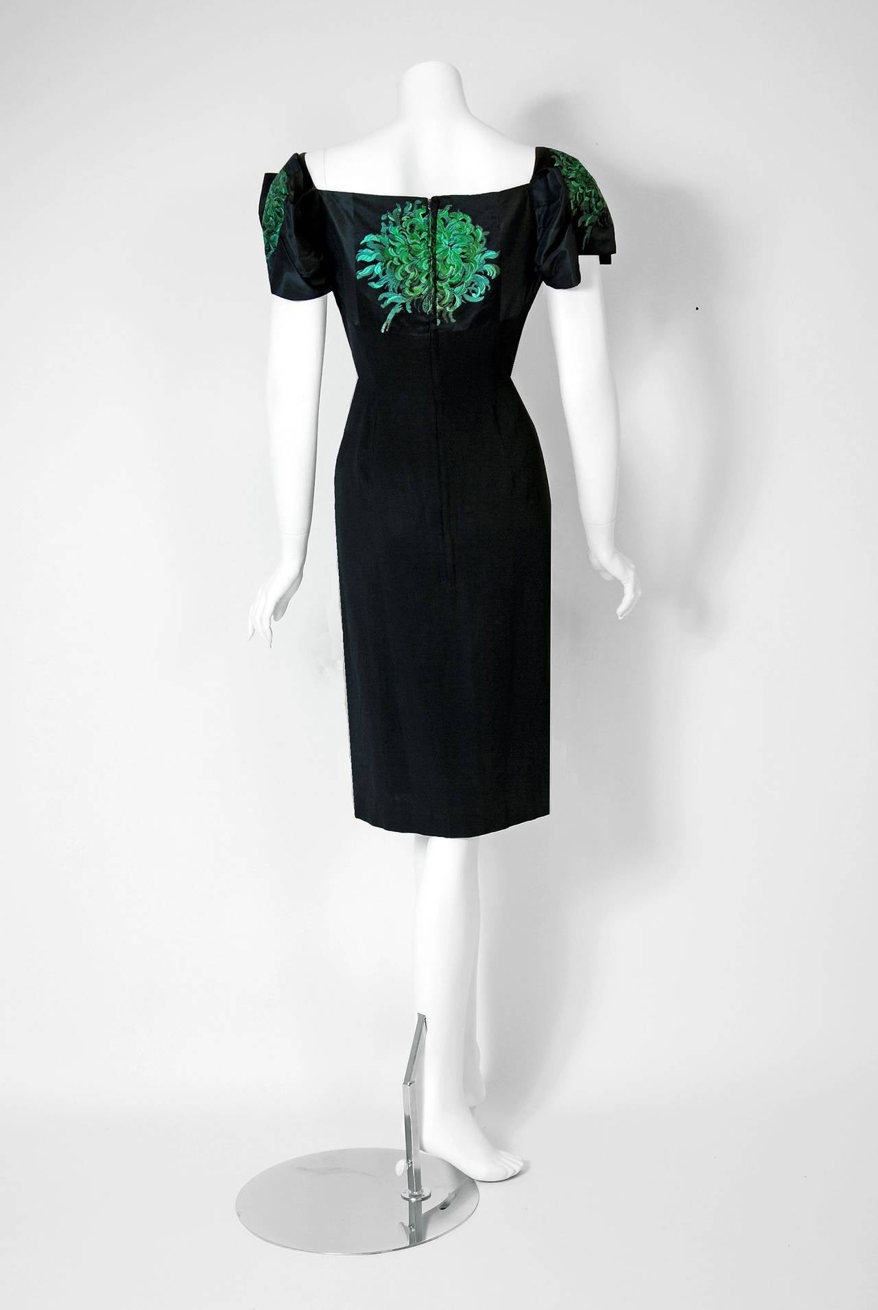 Women's 1950's Pattullo-Jo Copeland Black & Green Floral Silk Sculpted Cocktail Dress