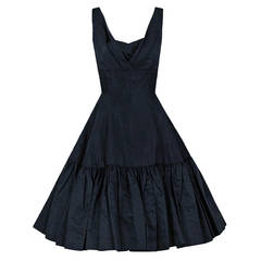 Vintage 1950's Elegant Black Silk Shelf-Bust Bombshell Circle-Skirt Ruffle Party Dress