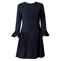 1966 Pierre Cardin Documented Black Pleated Wool Crepe Mod Drop-Waist Dress
