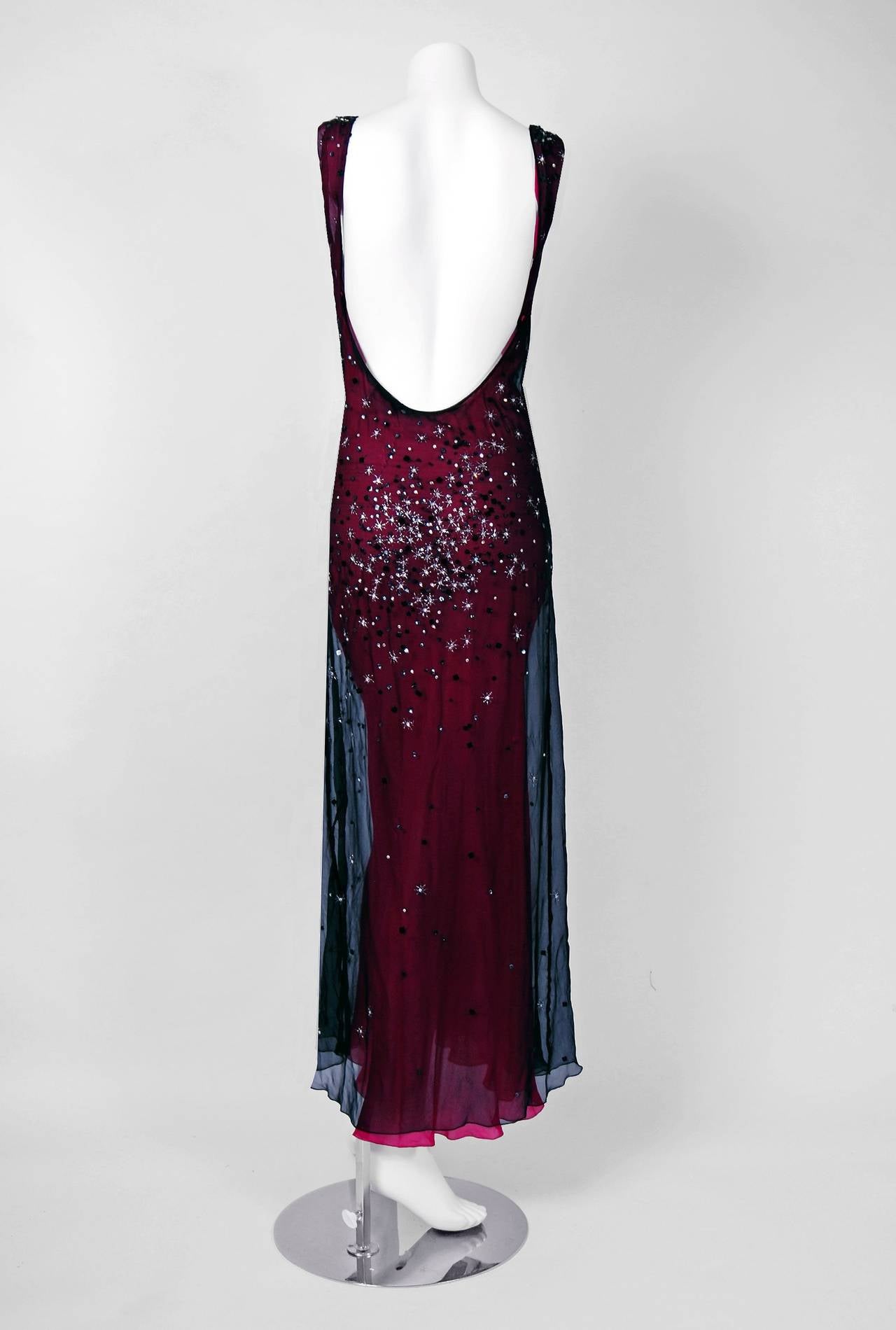 1990's Gianni Versace Couture Black & Fuchsia Beaded Silk Illusion Backless Gown 1