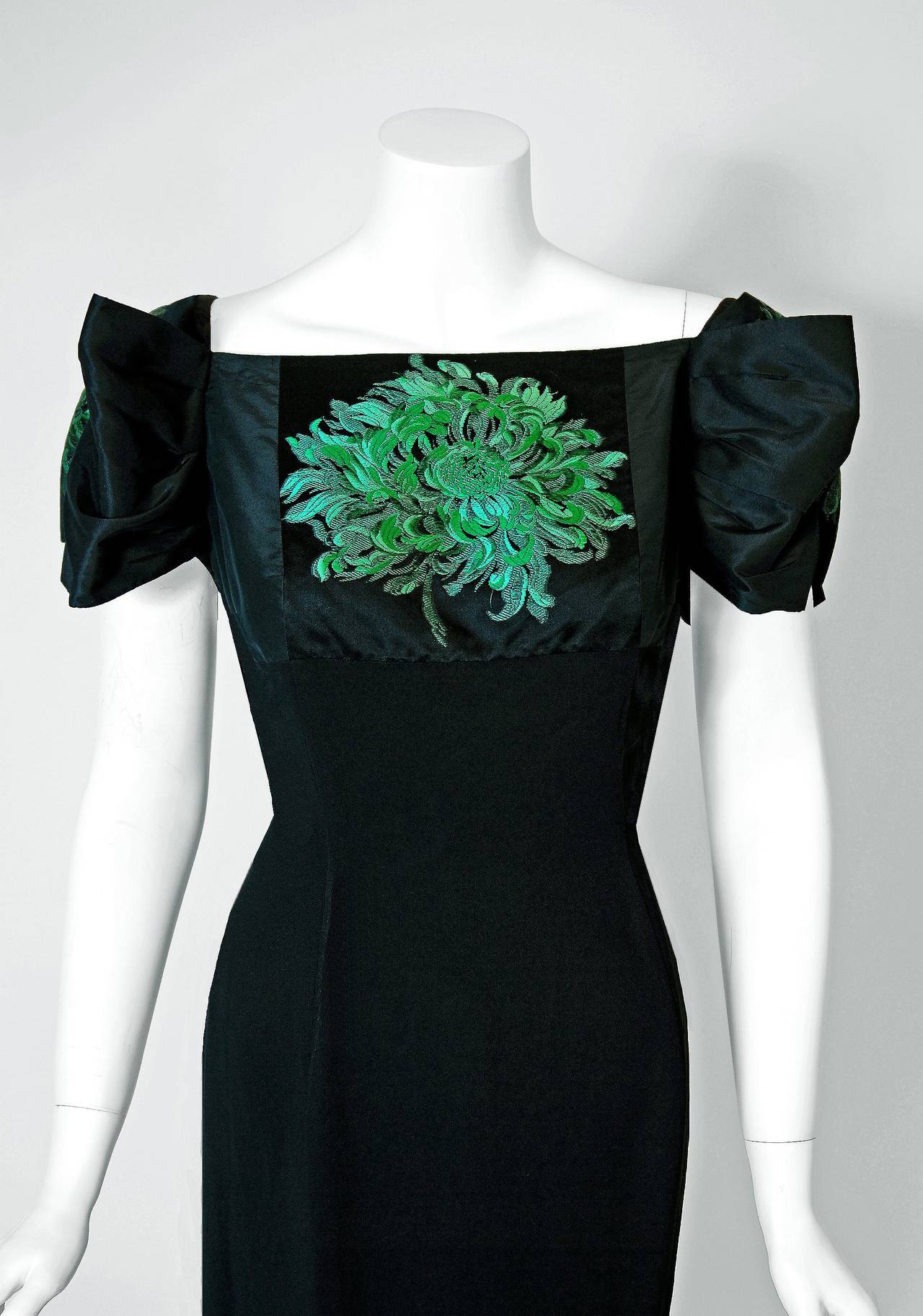 Stunning 1950's black & green Chrysanthemum floral print silk cocktail from the 