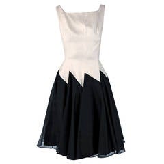 Retro 1950's Jane Andre Black & Ivory-White Graphic Silk Sleeveless Full Party Dress