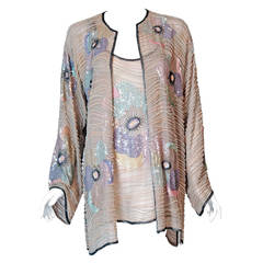 1970's Halston Beaded Sequin Pastel Floral Silk Kimono Bell-Sleeve Jacket Set 1