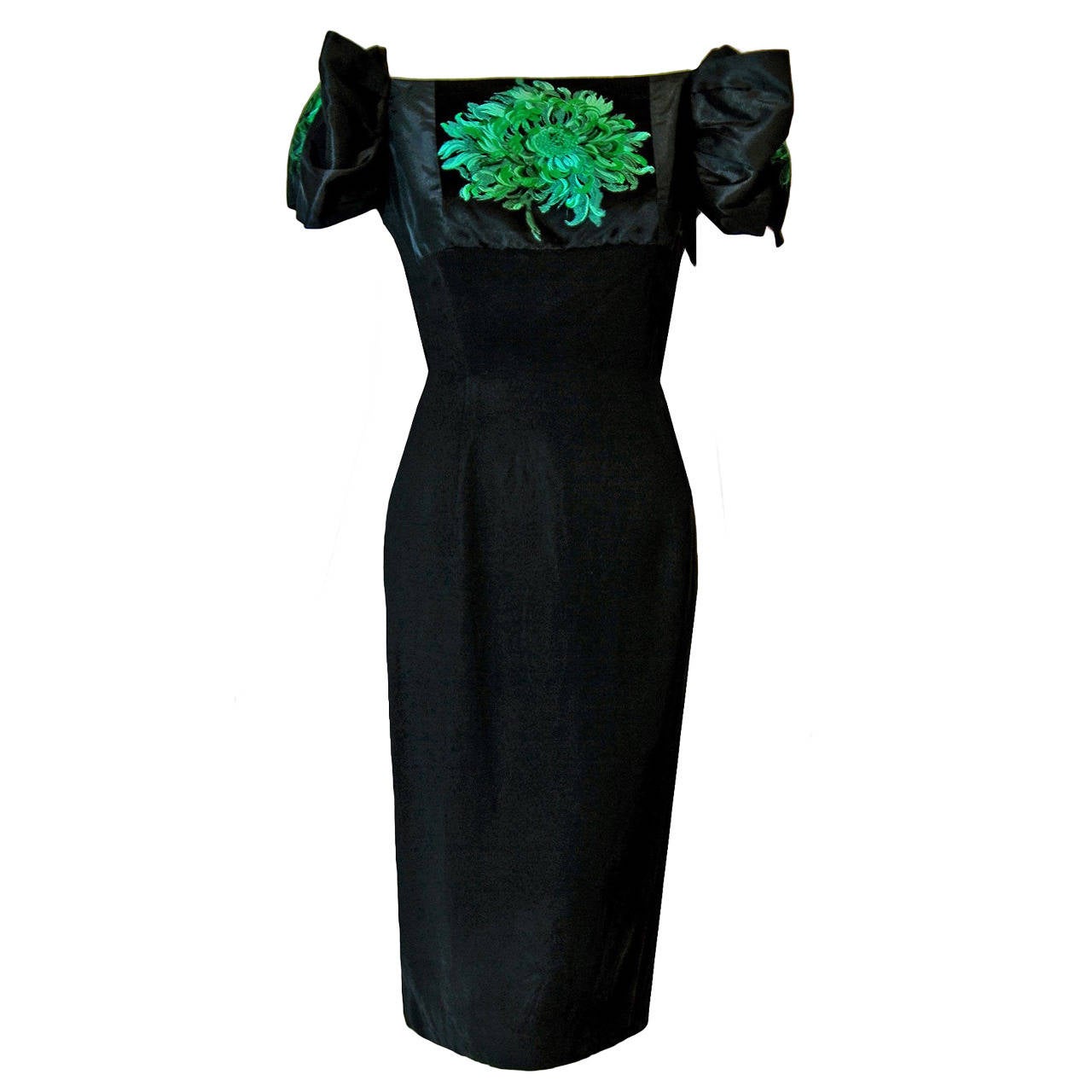 1950's Pattullo-Jo Copeland Black & Green Floral Silk Sculpted Cocktail Dress