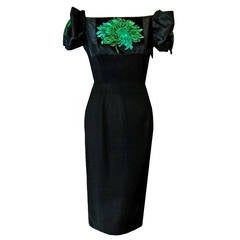 1950
s Pattullo-Jo Copeland Black 
Green Floral Silk Sculpted Cocktail Dress