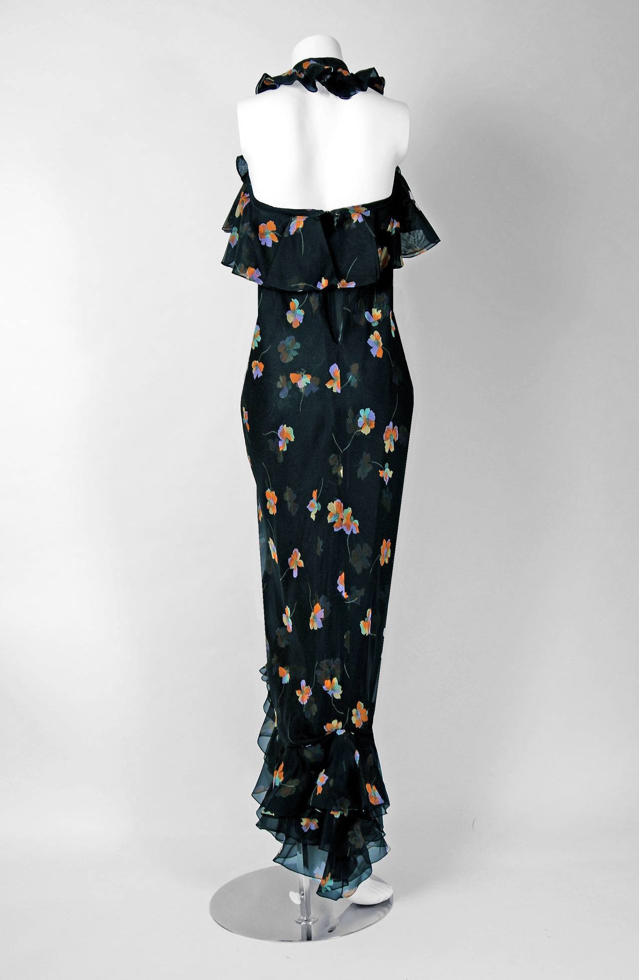 Women's 1970's Bill Blass Floral Print Silk-Organza Ruffle Halter Hourglass Dress Gown