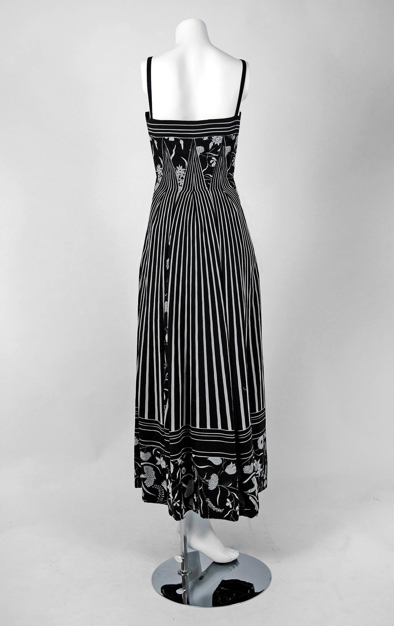 Women's 1970's Pauline Trigere Black & White Graphic Op-Art Stripe Cotton Sun Dress