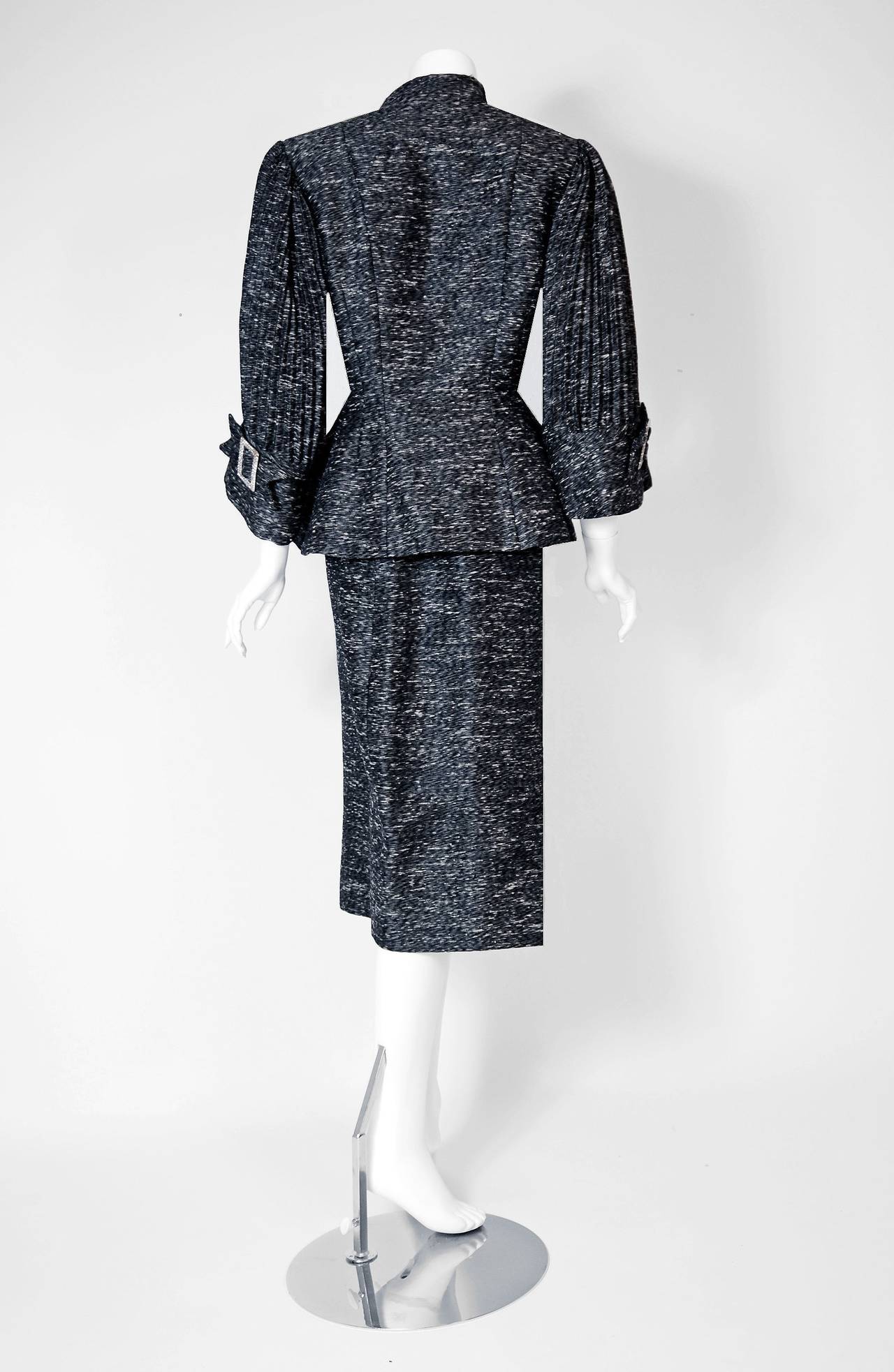 1940's Lilli-Ann Charcoal Gray Rhinestone Silk Pleated Bell-Sleeve Cocktail Suit In Excellent Condition In Beverly Hills, CA