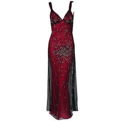 Vintage 1990's Gianni Versace Couture Black & Fuchsia Beaded Silk Illusion Backless Gown