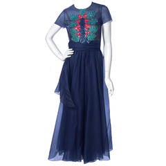1950's Madame Gres Haute-Couture Beaded Sequin Navy Silk-Organza Evening Dress 6