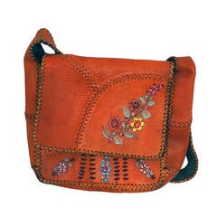 Vintage 1970's Char Handpainted Whipstitched Leather Bohemian Hippie Messanger Bag Purse