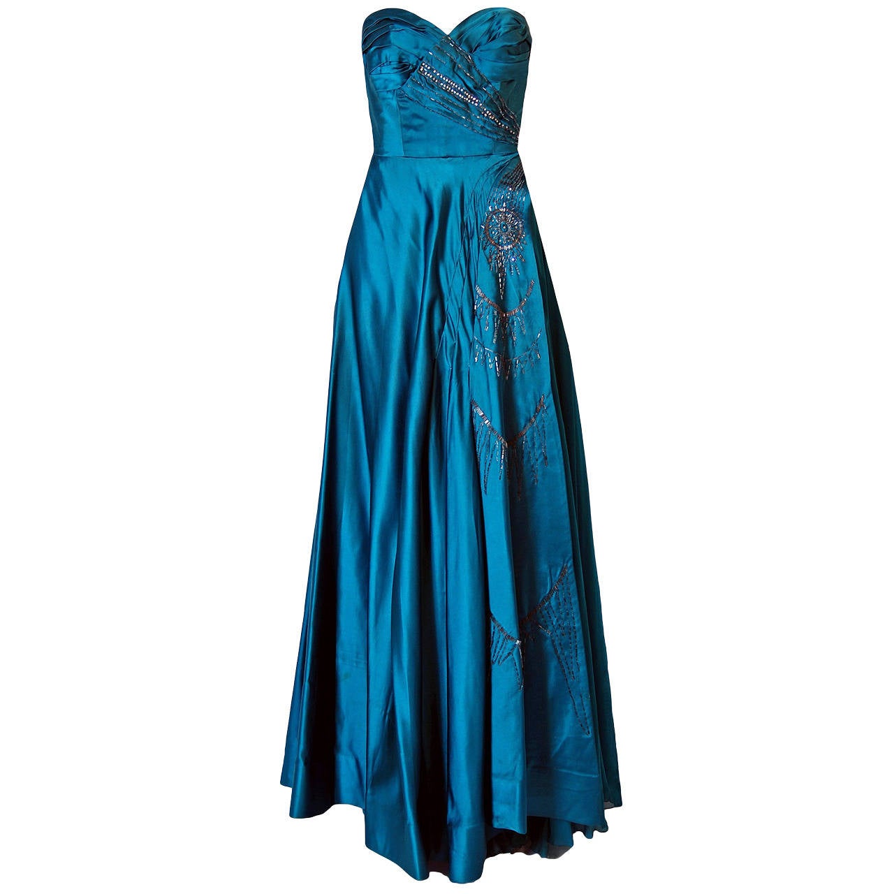 1950's Historical Yma Sumac Beaded Blue Satin & Chiffon Strapless Evening Gown