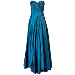 Vintage 1950's Historical Yma Sumac Beaded Blue Satin & Chiffon Strapless Evening Gown