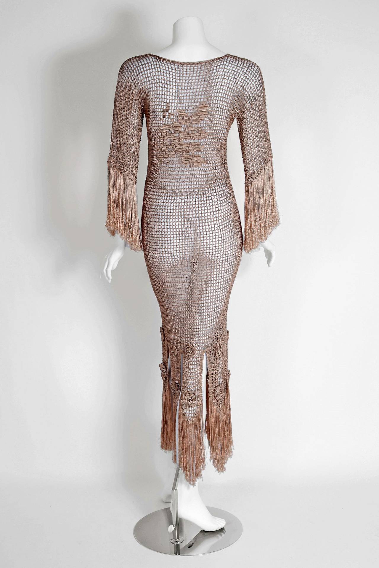Brown 1930's Nude Silk Knit Crochet Floral Applique Carwash Fringe Bias-Cut Gown