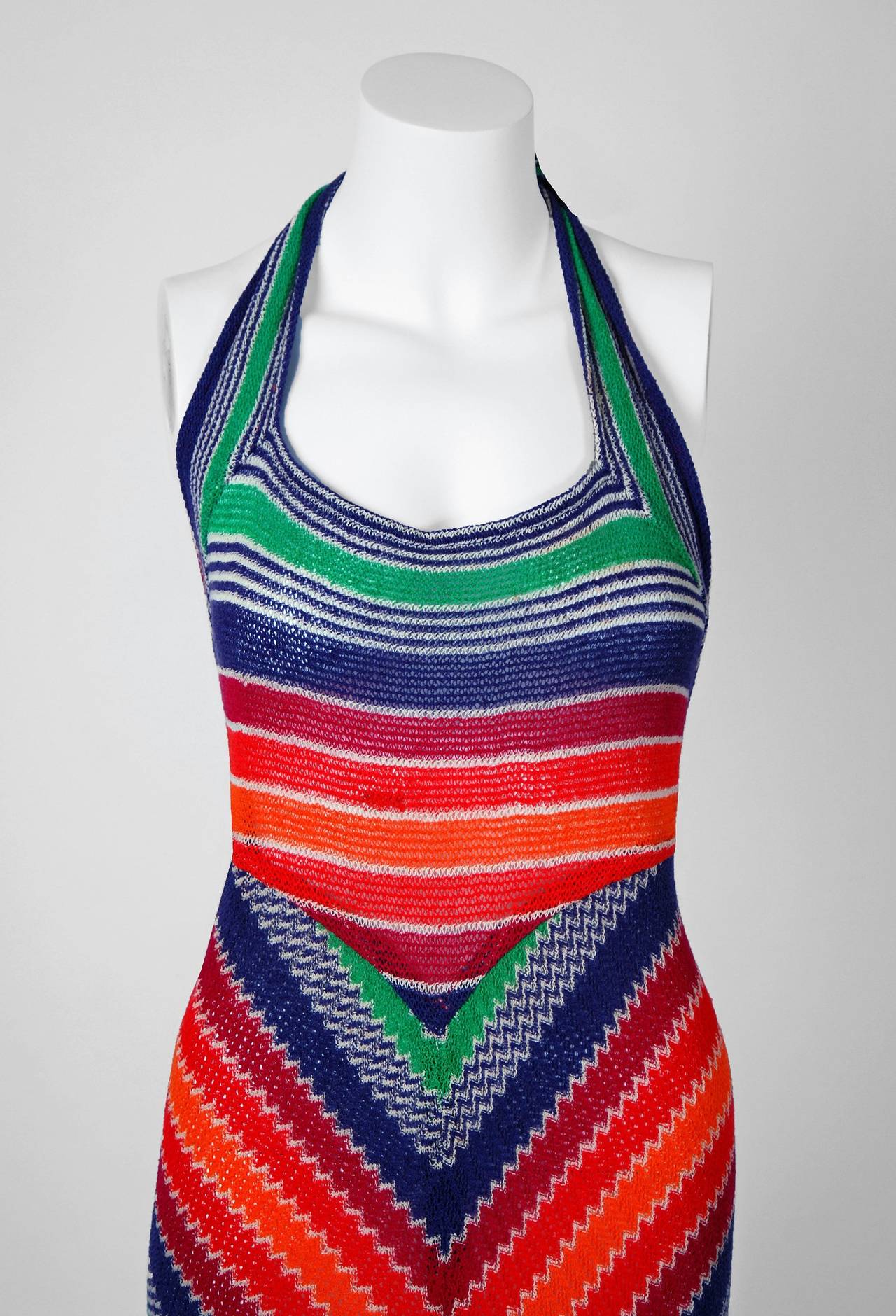 1970's Missoni Vibrant Rainbow Stripe Graphic Knit Bias-Cut Halter Maxi Dress In Excellent Condition In Beverly Hills, CA