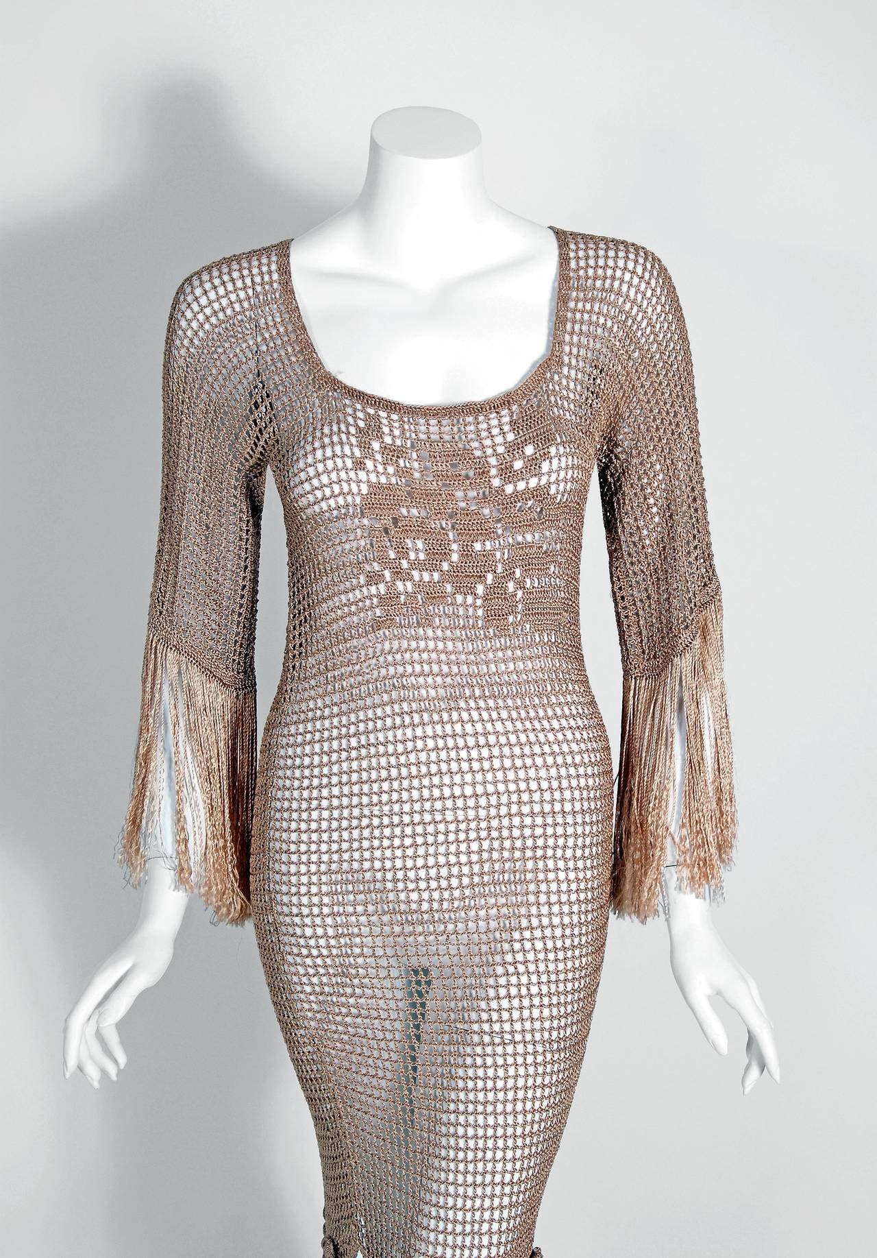 1930s Seductive Nude Silk Knit Crochet Applique Illusion Fringe