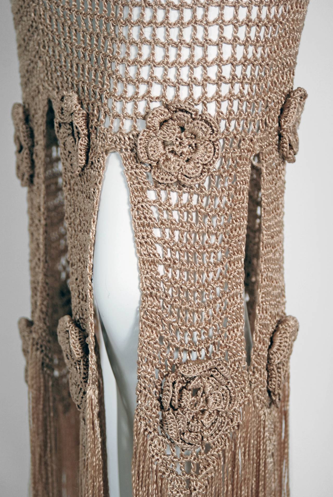 S Seductive Nude Silk Knit Crochet Applique Illusion Fringe