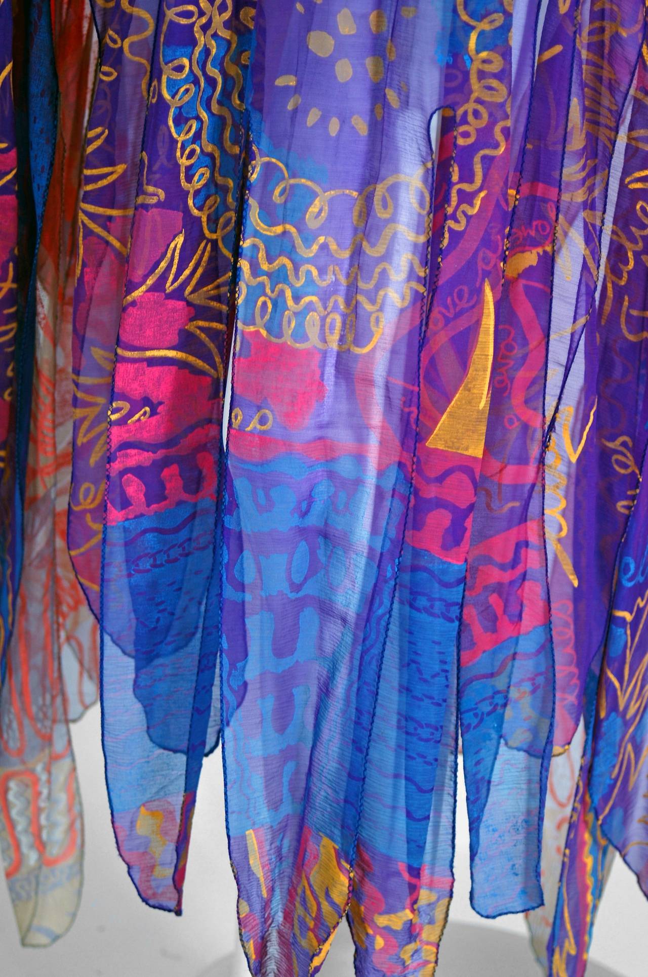 Women's 1972 Zandra Rhodes Hand-Painted Indian Feathers & Lillies Silk Caftan Dress