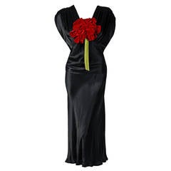 Vintage 1930's Seductive Black Silk-Satin Red Rose Applique Bias-Cut Deco Cocktail Dress