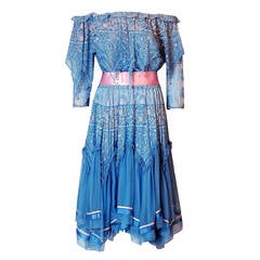 1976 Zandra Rhodes Ice-Blue Beaded Hand-Painted Silk Chiffon Off-Shoulder Dress