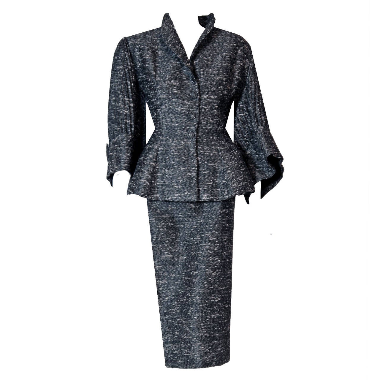1940's Lilli-Ann Charcoal Gray Rhinestone Silk Pleated Bell-Sleeve Cocktail Suit