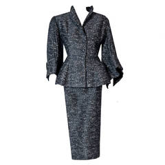 Vintage 1940's Lilli-Ann Charcoal Gray Rhinestone Silk Pleated Bell-Sleeve Cocktail Suit