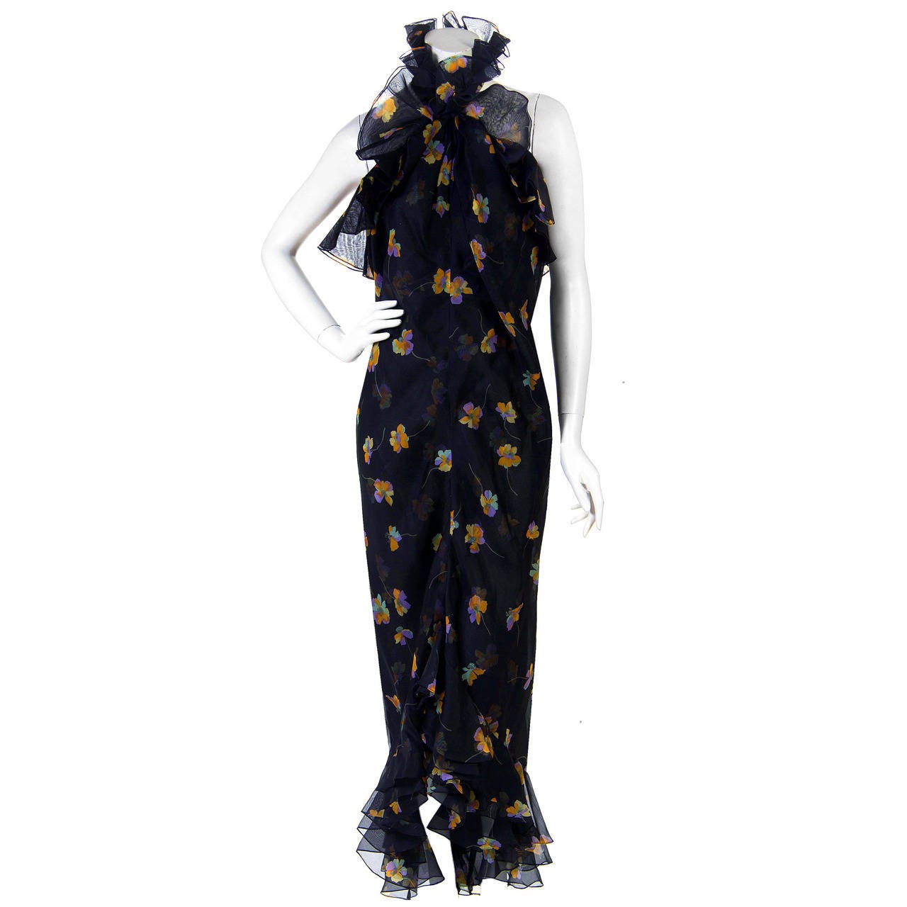 1970's Bill Blass Floral Print Silk-Organza Ruffle Halter Hourglass Dress Gown