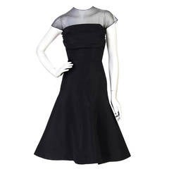 1950's Pauline Trigere Black Silk Shelf-Bust Illusion Flounce Cocktail Dress