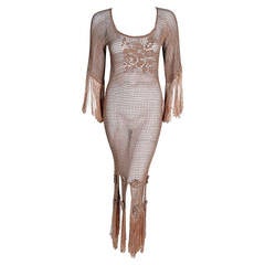 1930's Seductive Nude Silk-Knit Crochet Applique Illusion Fringe Hourglass Gown 11