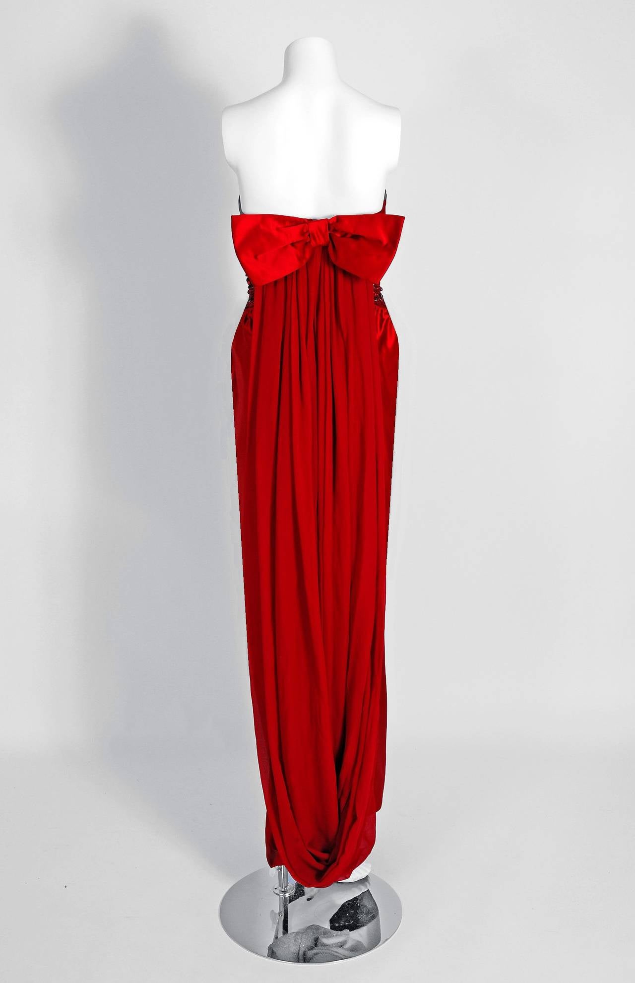 1950's Seductive Ruby-Red Beaded Satin Chiffon Strapless Hourglass Evening Gown 2
