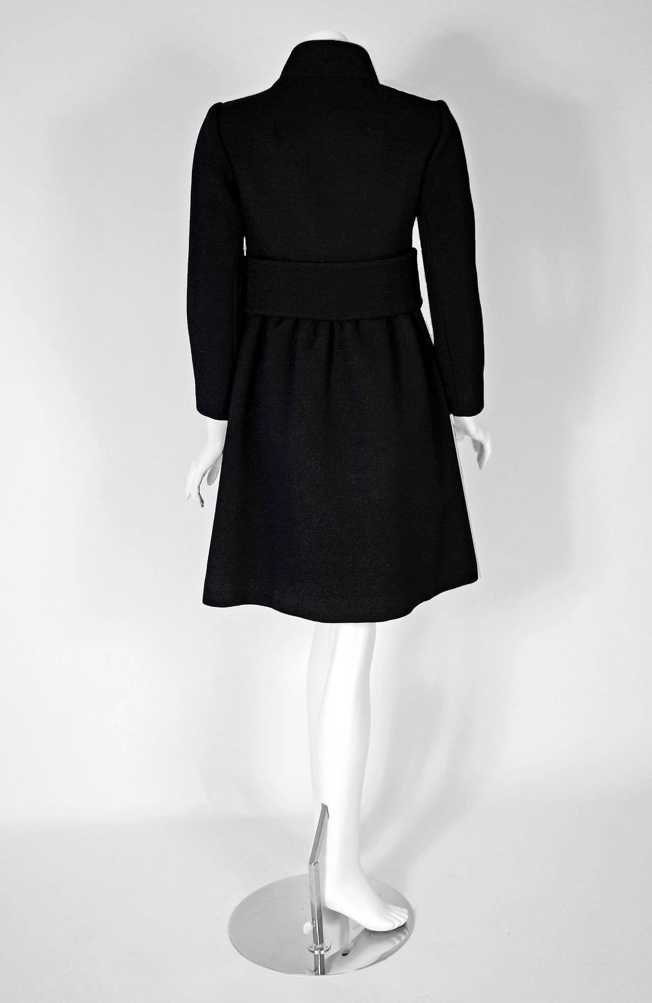 1968 Calvin Klein Black Wool Rhinestones Belted Mod Space-Age Tailored Coat In Excellent Condition In Beverly Hills, CA