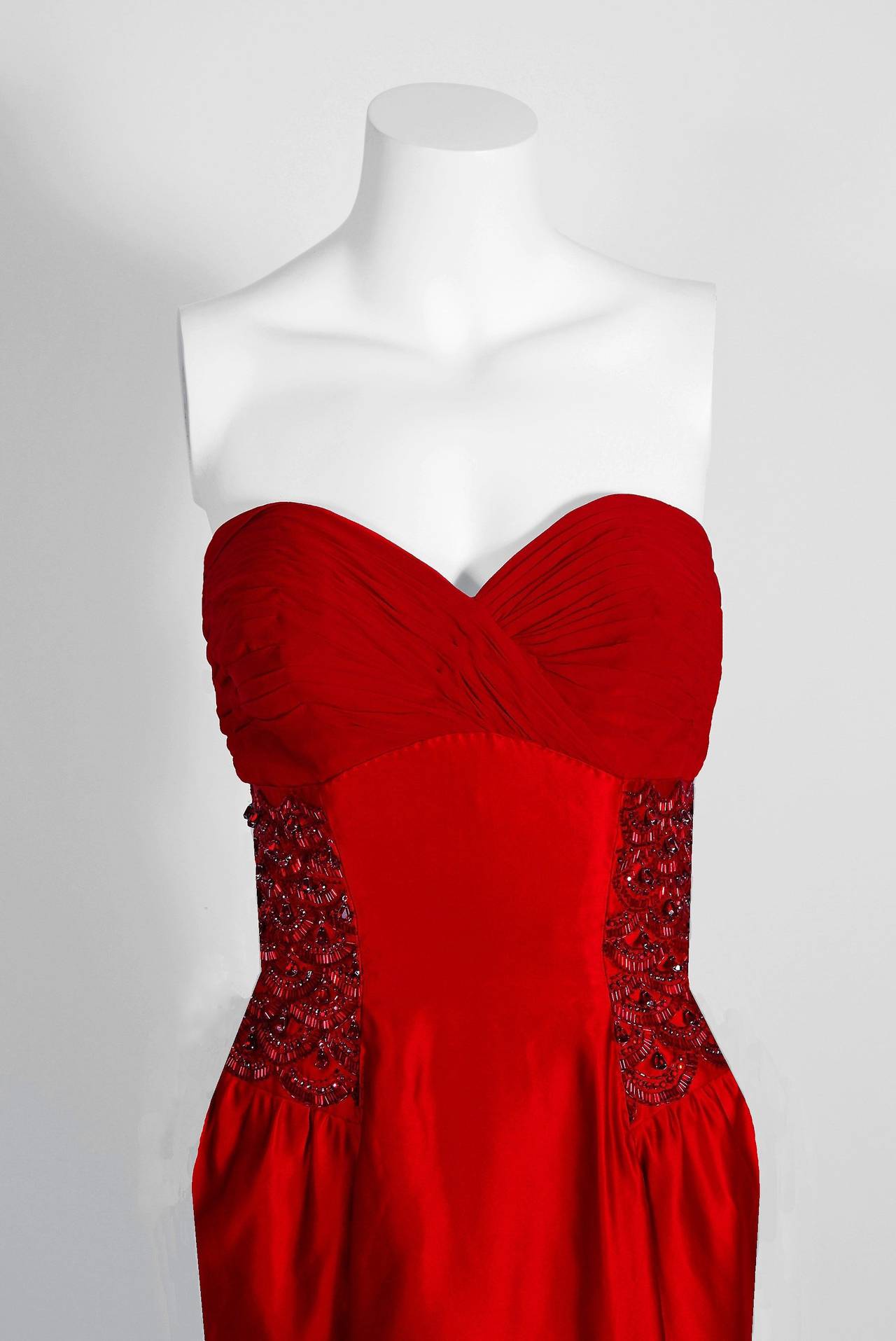 1950's Seductive Ruby-Red Beaded Satin Chiffon Strapless Hourglass Evening Gown 3