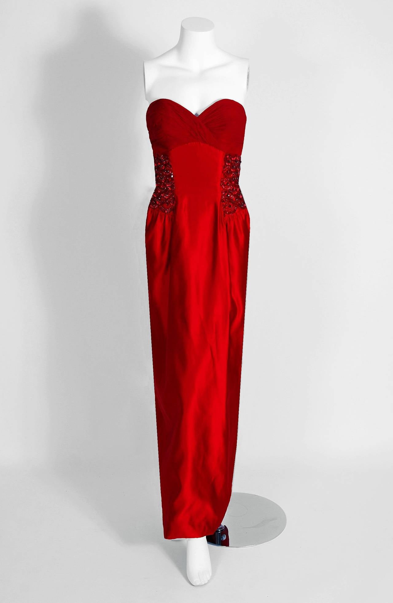 1950's Seductive Ruby-Red Beaded Satin Chiffon Strapless Hourglass Evening Gown 1