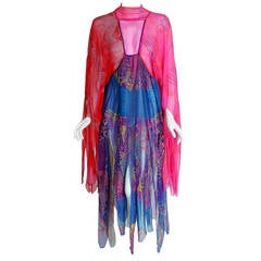 Vintage 1972 Zandra Rhodes Hand-Painted Indian Feathers & Lillies Silk Caftan Dress