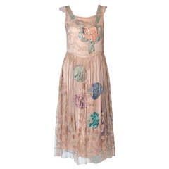1920's Callot Soeurs Couture Attribute Silk Rosettes Filet-Lace Flapper Dress
