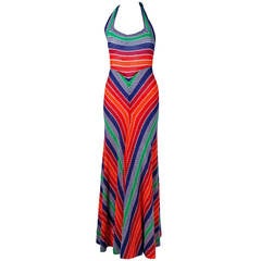 1970's Missoni Vibrant Rainbow Stripe Graphic Knit Bias-Cut Halter Maxi Dress